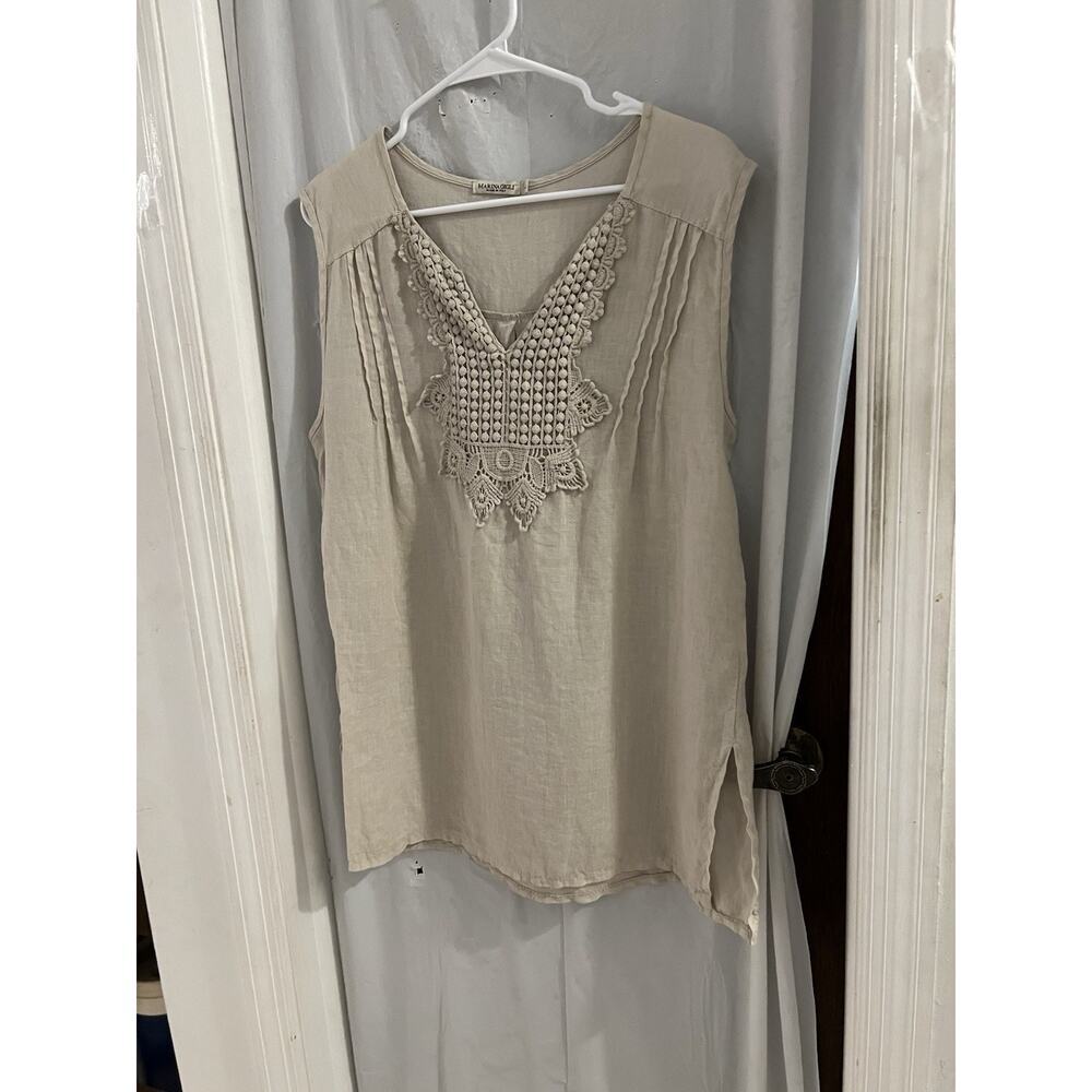 Marina Gigli Tan Linen Made In Italy Pleated Front Tunic Top Sz L